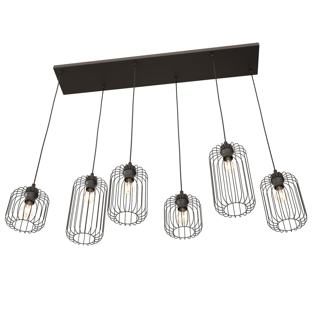 Lampa wisząca Vander 6BL czarna z sześcioma kloszami w formie drucianych osłon, zawieszona na prostokątnej, czarnej podstawie. Klosze mają cylindryczny kształt, a lampa przeznaczona jest do żarówek E27.