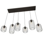 Lampa wisząca Vander 6BL czarna z sześcioma kloszami w formie drucianych osłon, zawieszona na prostokątnej, czarnej podstawie. Klosze mają cylindryczny kształt, a lampa przeznaczona jest do żarówek E27.