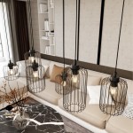 Lampa wisząca Vander 6BL z sześcioma kloszami w czarnym metalowym wykończeniu, zawieszona na długich przewodach. Klosze w formie siatki z widocznymi żarówkami E27, umiejscowiona nad sofą w nowoczesnym wnętrzu. Tło z jasnymi panelami i książkami.