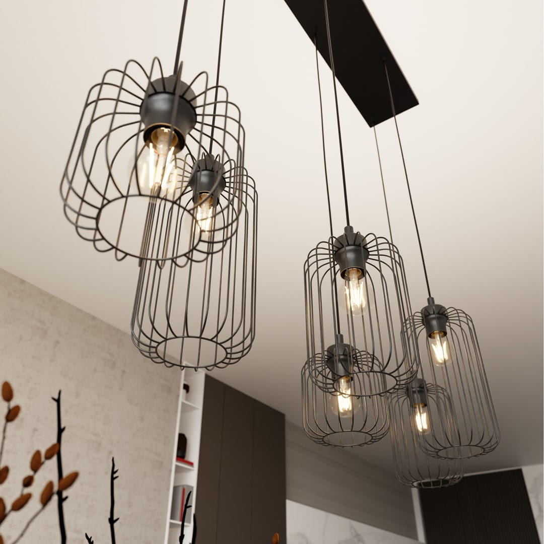 Lampa wisząca Vander 6BL w kolorze czarnym z sześcioma kloszami z siatki metalowej. Klosze mają widoczne żarówki E27, zawieszone na długich linkach, zamontowane na prostokątnej podstawie. Tło w jednolitej kolorystyce.