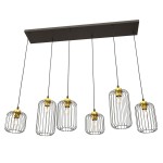Lampa wisząca Vander 6 z sześcioma kloszami w czarnej metalowej siatce i złotymi elementami. Utrzymana w nowoczesnym stylu, zawieszona na prostokątnej podstawie, z równomiernie rozmieszczonymi źródłami światła. Idealna do aranżacji wnętrz.