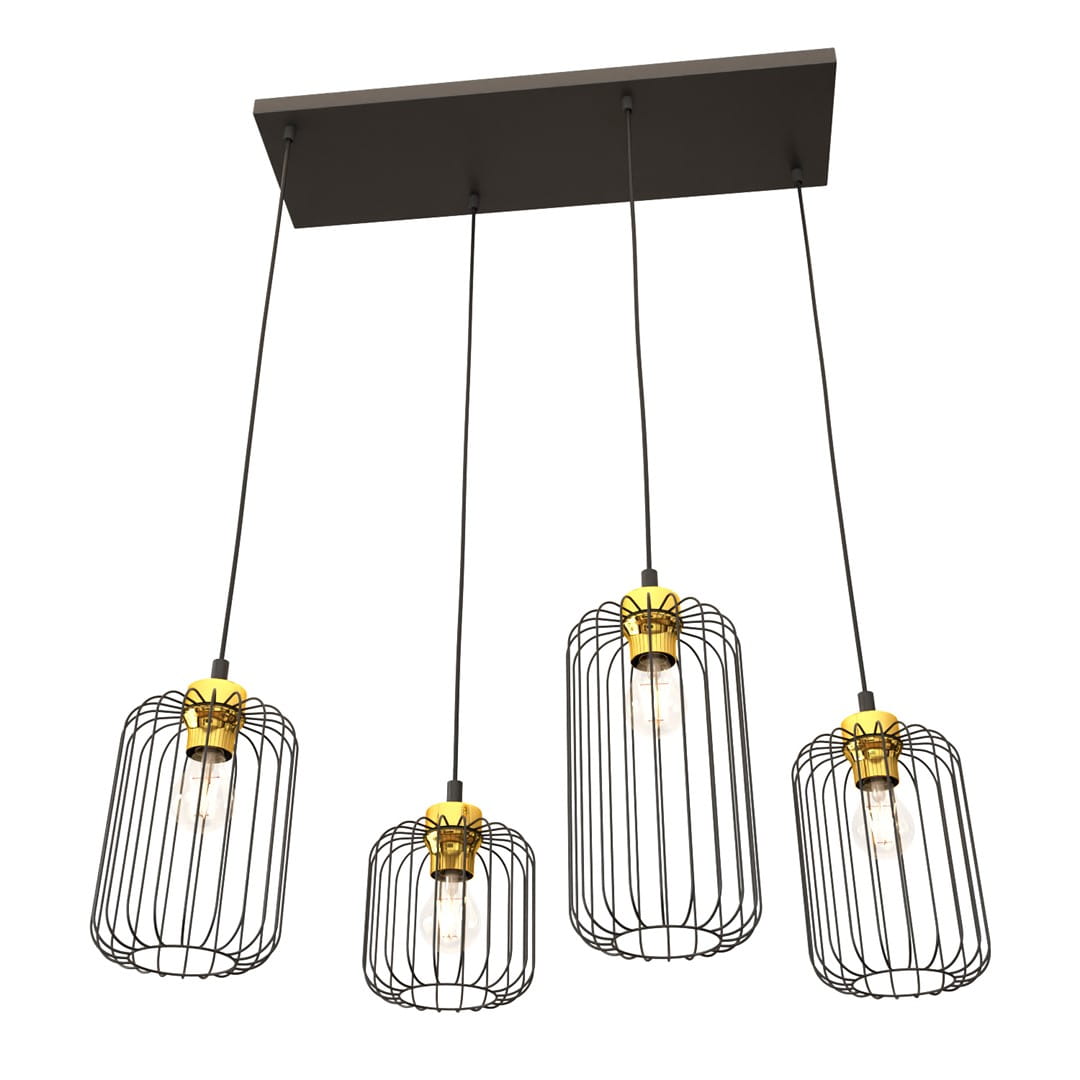 Lampa wisząca Vander 4 z czarnymi metalowymi kloszami o siatkowej strukturze i złotymi elementami, zawieszona na czterech cienkich linkach. Utrzymana na prostokątnej, czarnej podstawie. Dostosowana do żarówek E27.