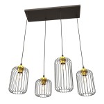 Lampa wisząca Vander 4 z czarnymi metalowymi kloszami o siatkowej strukturze i złotymi elementami, zawieszona na czterech cienkich linkach. Utrzymana na prostokątnej, czarnej podstawie. Dostosowana do żarówek E27.
