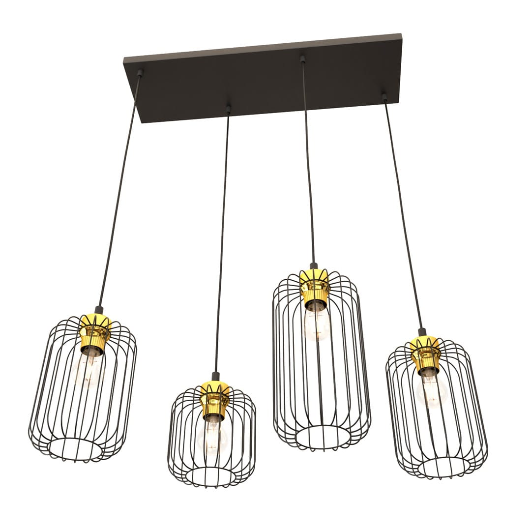 Lampa wisząca Vander 4 z czterema kloszami w czarnej metalowej siatce i złotymi detalami, zawieszona na prostokątnej, czarnej podstawie. Klosze mają kształt prostokątnych osłon, a źródła światła są widoczne wewnątrz.