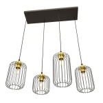 Lampa wisząca Vander 4 z czterema kloszami w czarnej metalowej siatce i złotymi detalami, zawieszona na prostokątnej, czarnej podstawie. Klosze mają kształt prostokątnych osłon, a źródła światła są widoczne wewnątrz.