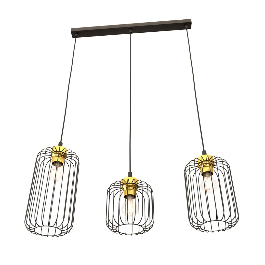 Lampa wisząca Vander 3GL w kolorze czarno-złotym z trzema kloszami w metalowej siatce. Klosze zawieszone na długich kablach, montowane na prostokątnej podstawie. Wymiary kloszy różnią się, co nadaje efektownego wyglądu.