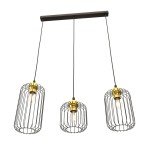 Lampa wisząca Vander 3GL w kolorze czarno-złotym z trzema kloszami w metalowej siatce. Klosze zawieszone na długich kablach, montowane na prostokątnej podstawie. Wymiary kloszy różnią się, co nadaje efektownego wyglądu.