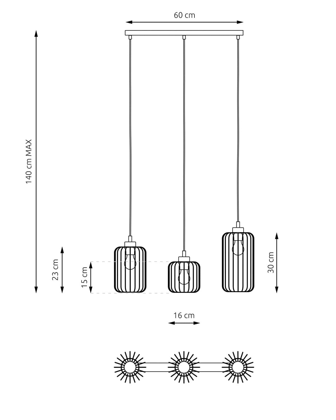 Lampa wisząca Vander 3GL z czarnymi i złotymi elementami, z trzema kloszami w kształcie prostokątnym. Wymiary: długość 60 cm, wysokość max 140 cm. Klosze zawieszone na regulowanych linkach, każdy z miejscem na żarówkę E27.