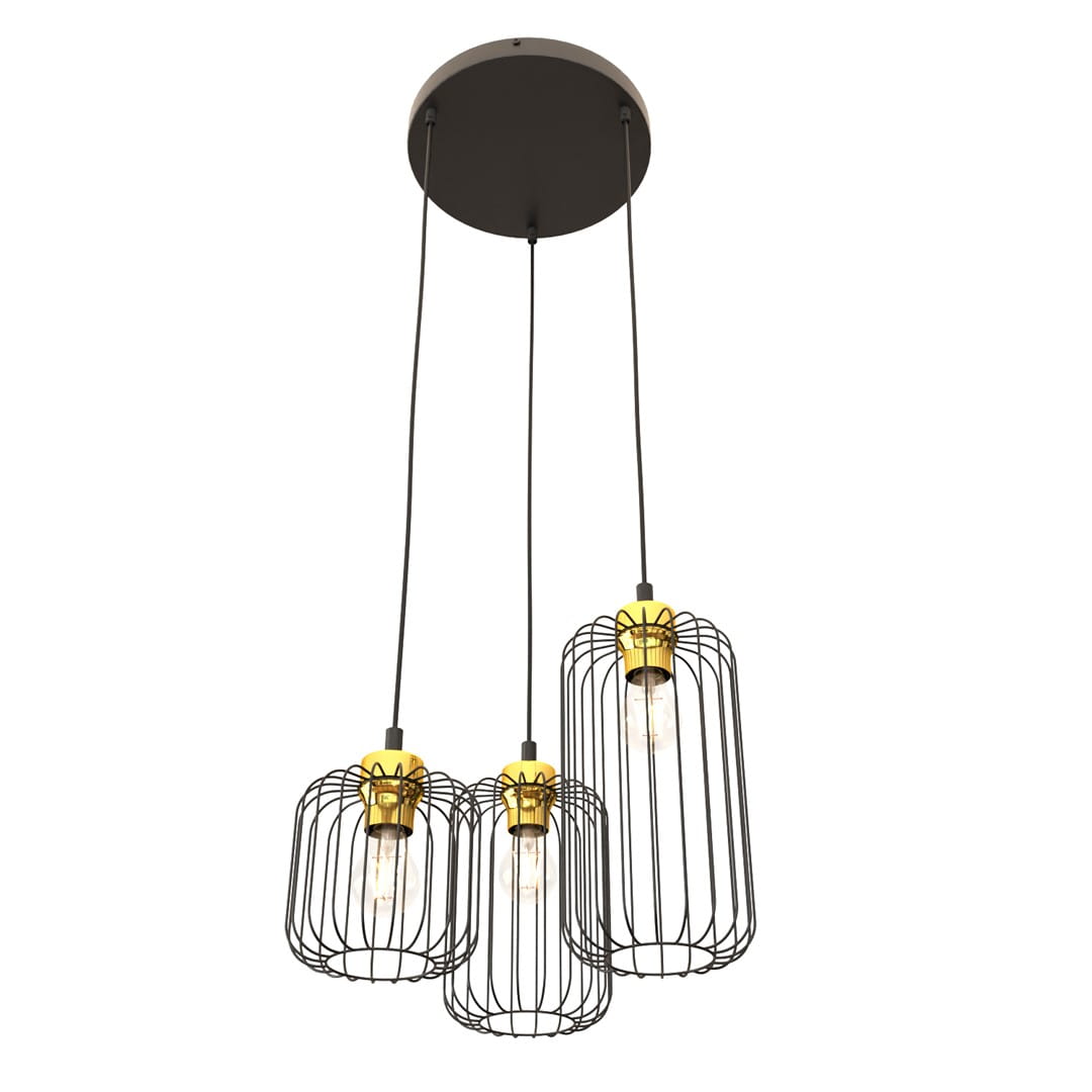 Lampa wisząca Vander 3 w kolorze czarno-złotym, składająca się z trzech kloszy w metalowej siatce. Klosze zawieszone na czarnych linkach, montowane do okrągłej podstawy sufitowej. Widoczne oprawy żarówek E27.
