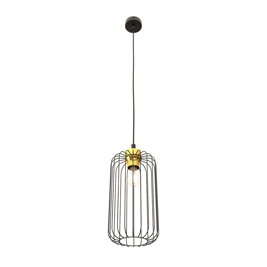 Lampa wisząca Vander 1 lampa, czarno-złota, z metalową klatką w kształcie walca, zawieszona na czarnym przewodzie. Widoczna żarówka E27 wewnątrz klatki. Prosty, nowoczesny design, idealna do aranżacji wnętrz.