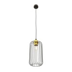 Lampa wisząca Vander 1 lampa, czarno-złota, z metalową klatką w kształcie walca, zawieszona na czarnym przewodzie. Widoczna żarówka E27 wewnątrz klatki. Prosty, nowoczesny design, idealna do aranżacji wnętrz.
