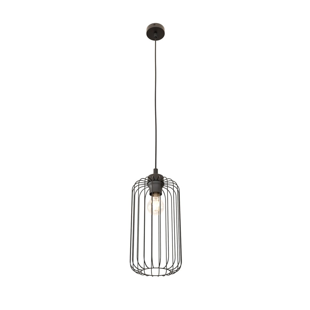 Lampa wisząca Vander 1BL w kolorze czarnym, wykonana z metalowych prętów w formie klosza, z jedną oprawą E27. Zawieszona na długim kablu, z prostym, okrągłym mocowaniem sufitowym. Idealna do nowoczesnych wnętrz.