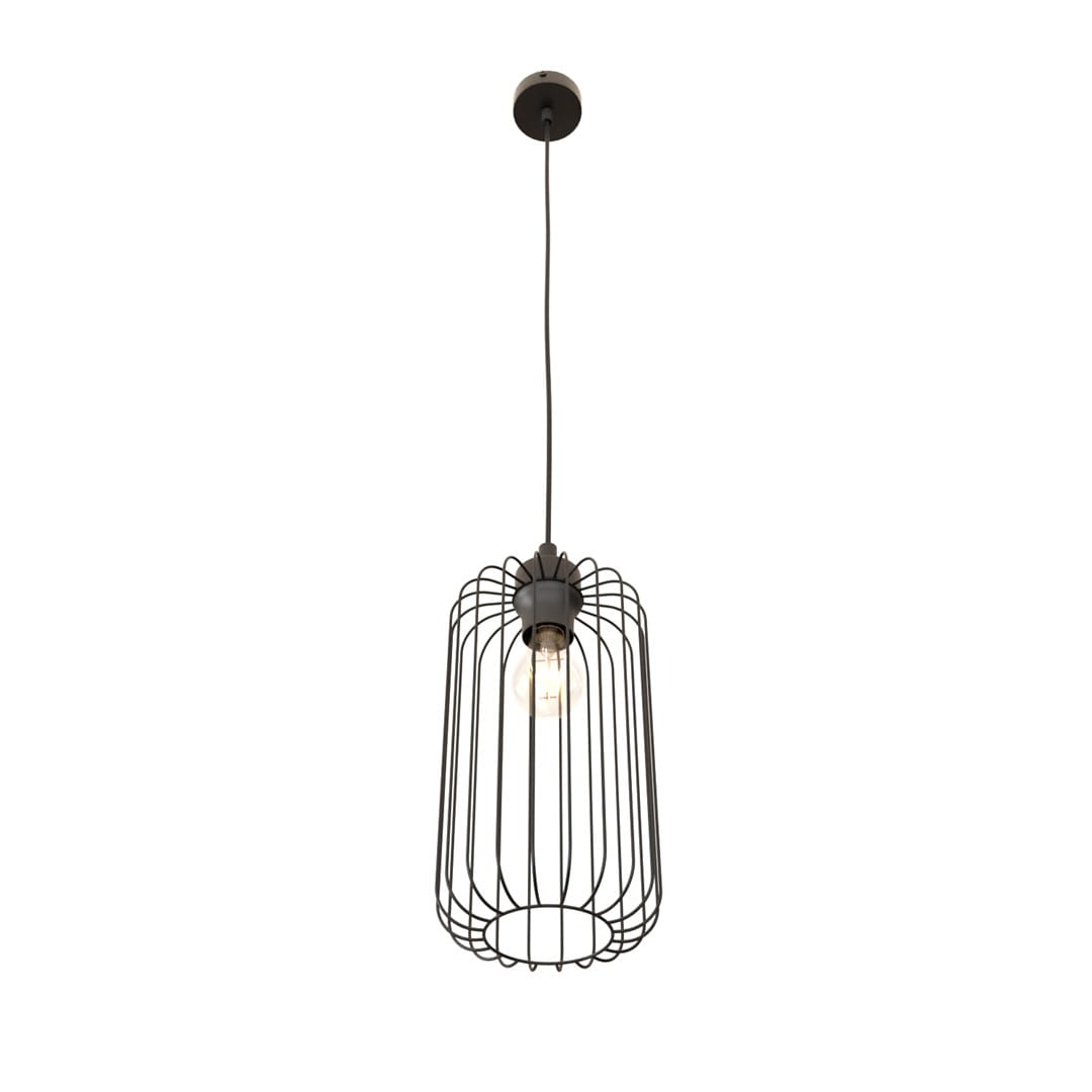 Czarna lampa wisząca Vander 1BL z metalową klatką, pojedynczym gniazdem E27 oraz przezroczystą żarówką w środku. Ujęcie frontalne, zawieszona na cienkim kabelku, idealna do nowoczesnych wnętrz.