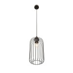 Czarna lampa wisząca Vander 1BL z metalową klatką, pojedynczym gniazdem E27 oraz przezroczystą żarówką w środku. Ujęcie frontalne, zawieszona na cienkim kabelku, idealna do nowoczesnych wnętrz.