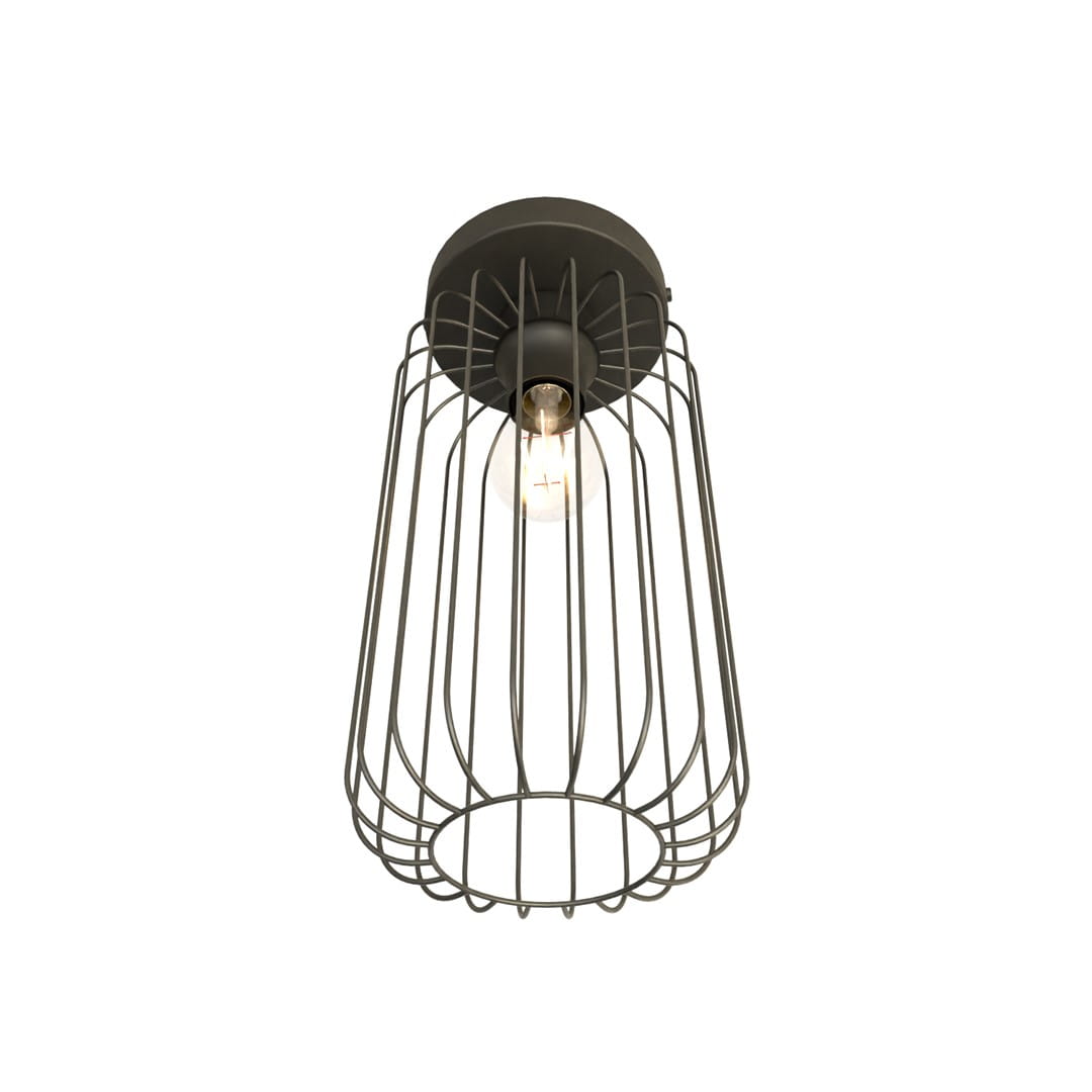 Czarna lampa sufitowa Barn 1BL z metalową klatką, jedno gniazdo E27. Ujęcie z dołu, widoczny żarówka w środku. Prosta konstrukcja z otwartym dnem, idealna do nowoczesnych wnętrz.
