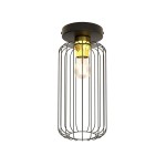 Lampa sufitowa Barn 1GL z oprawą w czarnym kolorze i złotym detalem, z metalową siatką, w której znajduje się żarówka E27. Ujęcie frontalne, produkt zamontowany na suficie, widoczna transparentna żarówka.