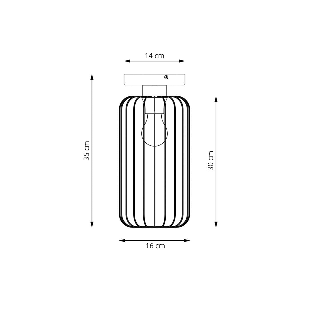 Lampa sufitowa Barn 1GL z jednym gniazdem E27, w czarno-złotej kolorystyce. Okrągła, metalowa konstrukcja z prętów, z wymiarami 35 cm wysokości i 16 cm średnicy. Montaż sufitowy, elegancki design bez dodatkowych ozdób.