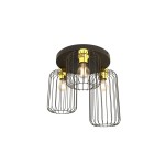 Lampa sufitowa Barn 3GL z trzema oprawami E27, z czarną metalową podstawą i złotymi elementami. Wzór z siatki metalowej tworzy nowoczesny wygląd. Produkt montowany na suficie, widok z dołu.