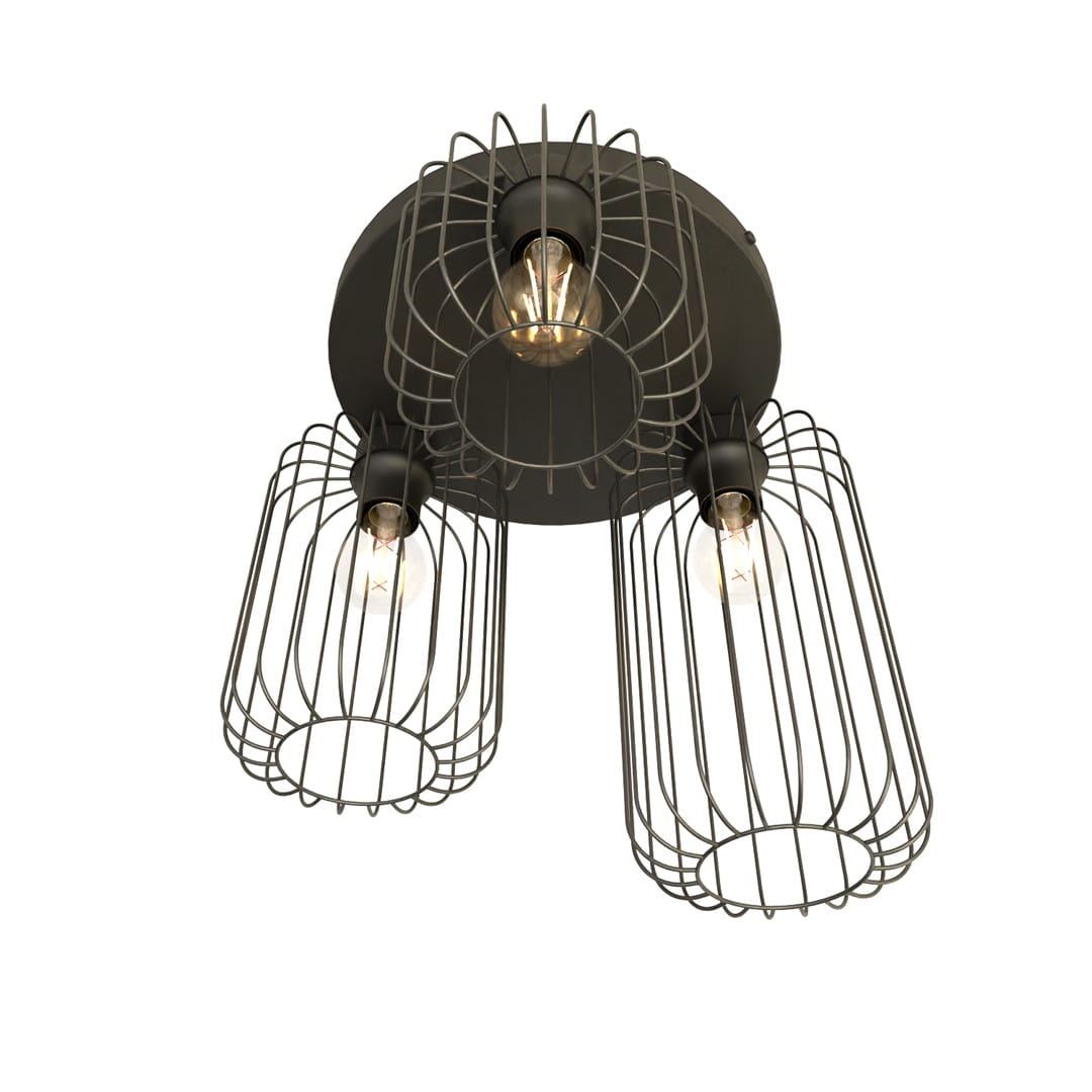 Czarna lampa sufitowa Barn 3BL z trzema oprawami E27. Metalowe klosze w kształcie siatki, zamontowane na okrągłej podstawie. Widoczna żarówka w każdej oprawie, w układzie równoległym. Ujęcie z dołu, ukazujące całą konstrukcję.