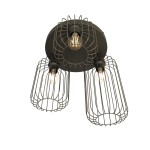 Czarna lampa sufitowa Barn 3BL z trzema oprawami E27. Metalowe klosze w kształcie siatki, zamontowane na okrągłej podstawie. Widoczna żarówka w każdej oprawie, w układzie równoległym. Ujęcie z dołu, ukazujące całą konstrukcję.