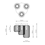 Lampa sufitowa Barn 3BL w kolorze czarnym, z trzema kloszami w kształcie spiralnych promieni. Wymiary: 30 cm szerokości, 30 cm wysokości, 16 cm głębokości. Zawiera trzy oprawy na żarówki E27, montowana do sufitu.
