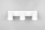 Biała lampa sufitowa Sharp z trzema reflektorami GU10, zamontowana na prostokątnej podstawie. Reflektory mają cylindryczny kształt, skierowane w dół, na jednolitym, jasnym tle.