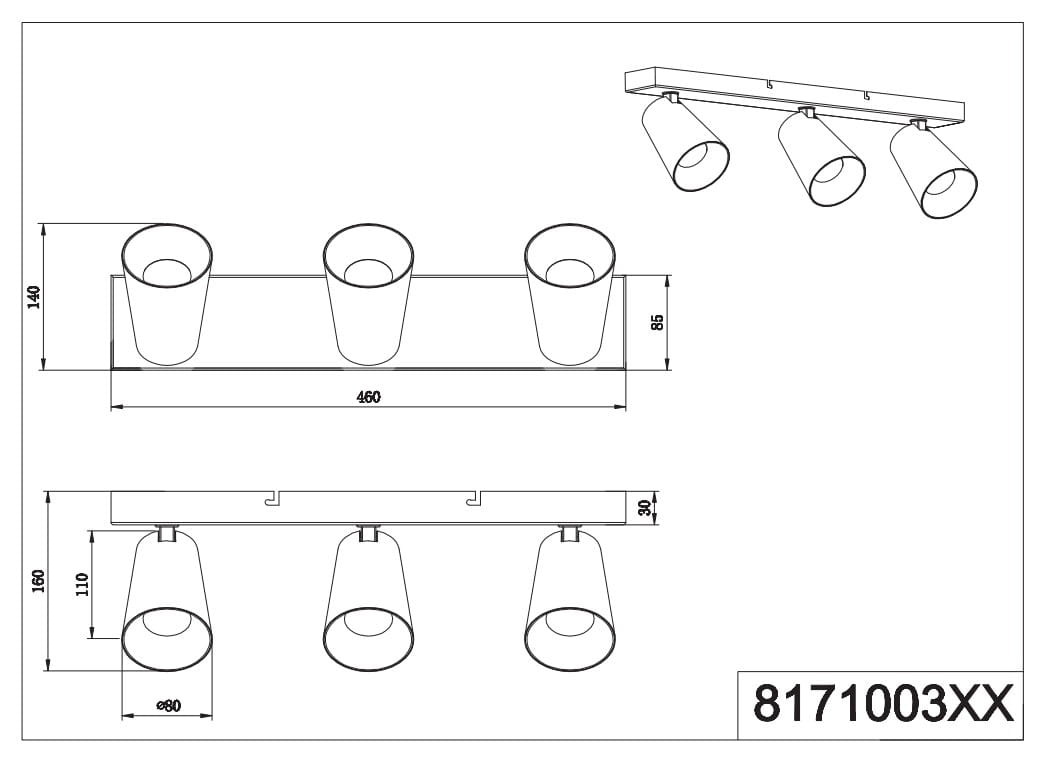 Lampa sufitowa Sharp w kolorze białym z trzema punktami świetlnymi na regulowanych uchwytach. Wymiary: 460 mm długości, 140 mm wysokości. Prosta konstrukcja z okrągłymi kloszami, idealna do oświetlenia wnętrz.