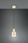 Beżowa lampa wisząca Agudo z jednym gniazdem E27, zawieszona na czarnym przewodzie, o cylindrycznym kształcie z lekko rozszerzającą się podstawą. Ujęcie frontalne, na tle szaro-skalnym, podkreślające prostą formę i minimalistyczny design.