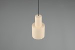 Beżowa lampa wisząca Agudo z gładkim, cylindrycznym kształtem, zawieszona na czarnym przewodzie. W górnej części znajduje się okrągły uchwyt. Lampa przeznaczona do żarówki E27, prezentowana na jednolitym tle.