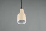 Beżowa lampa wisząca Agudo z jedną oprawą E27, o cylindrycznym kształcie z matowym wykończeniem, zawieszona na cienkim, czarnym przewodzie. Tło w odcieniu szarości podkreśla prosty design lampy.