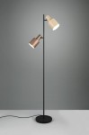Lampa podłogowa Agudo z dwoma oprawami E27, czarna podstawa, dwa klosze w kolorach beżowym i brązowym, stojąca na prostym tle, z widocznym przewodem zasilającym. Idealna do nowoczesnych wnętrz.