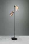 Lampa podłogowa Agudo z dwoma źródłami światła E27, w kolorze czarnym z multikolorowymi kloszami (żółtym i brązowym). Stojąca na okrągłej podstawie, z prostym, minimalistycznym designem, umieszczona na jednolitym tle.