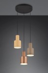 Lampa wisząca Agudo 3xE27 w kolorze czarnym z trzema cylindrycznymi kloszami w odcieniach beżu, brązu i miedzi. Klosze zawieszone na cienkich czarnych przewodach, montowane do okrągłej podstawy sufitowej.