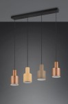 Lampa wisząca Agudo 4xE27 w kolorze czarnym z czterema różnokolorowymi kloszami: miedzianym, żółtym, brązowym i szarym. Klosze mają cylindryczny kształt i są zawieszone na cienkich, czarnych linkach. Ujęcie frontalne, na jednolitym tle.
