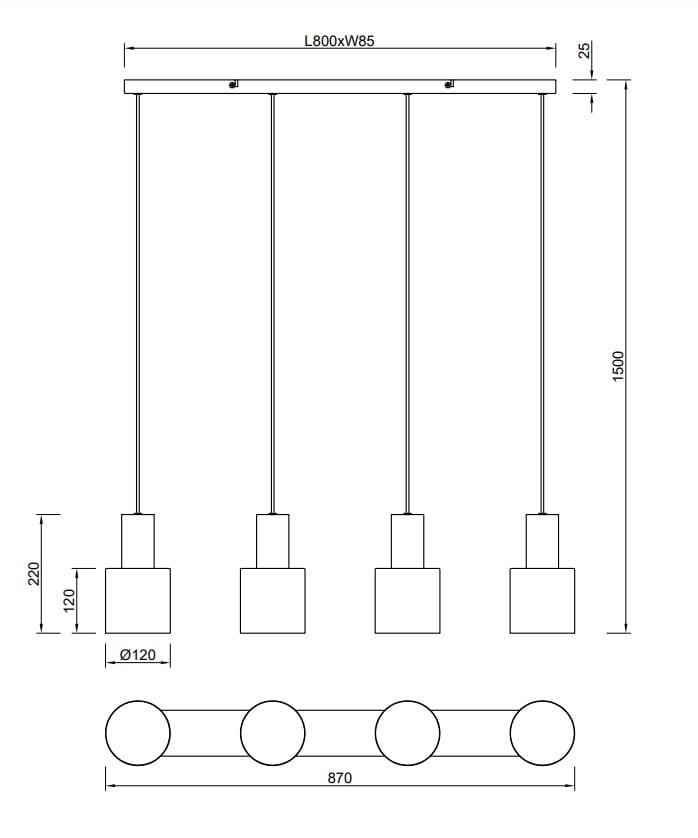Lampa wisząca Agudo w kolorze czarnym z czterema oprawkami E27. Wymiary: długość 800 mm, szerokość 85 mm, wysokość 1500 mm. Prosta konstrukcja z prostokątnym stelażem i okrągłymi kloszami. Idealna do nowoczesnych wnętrz.