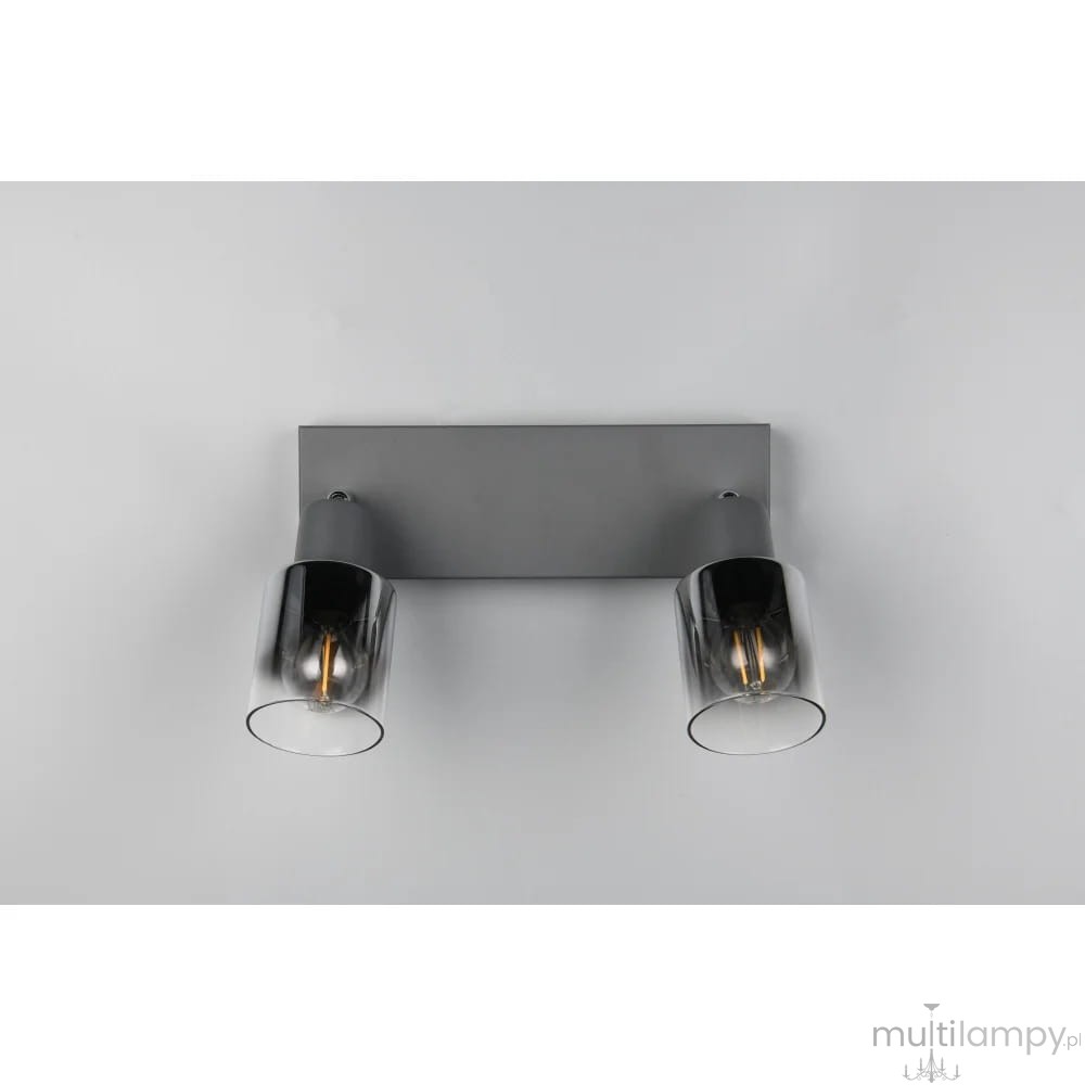 Lampa sufitowa Cadiz w kolorze antracytowym, z podwójnymi kloszami w szarym, przezroczystym szkle. Ujęcie frontalne, zamontowana na prostokątnej podstawie. Wymaga dwóch żarówek E14, idealna do nowoczesnych wnętrz.
