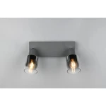 Lampa sufitowa Cadiz z antracytowym metalowym mocowaniem, z dwoma szklanymi kloszami w kolorze przezroczystym. Ujęcie frontalne, pokazujące lampę z zamontowanymi żarówkami E14. Prosty design, idealna do nowoczesnych wnętrz.