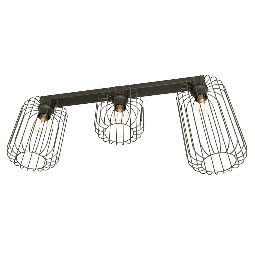 Lampa sufitowa Barn 3BL w kolorze czarnym, z trzema kloszami w formie siatkowych osłon, mocowana na prostej belce. Klosze mają okrągły kształt, materiał metalowy, wykończenie matowe. Przeznaczenie: oświetlenie wnętrz.