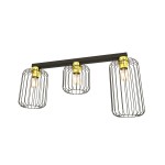 Lampa sufitowa Barn 3GL z trzema kloszami w czarno-złotym wykończeniu. Klosze w formie siatki metalowej, z widocznymi żarówkami E27. Ułożona poziomo na czarnej podstawie, idealna do nowoczesnych wnętrz.