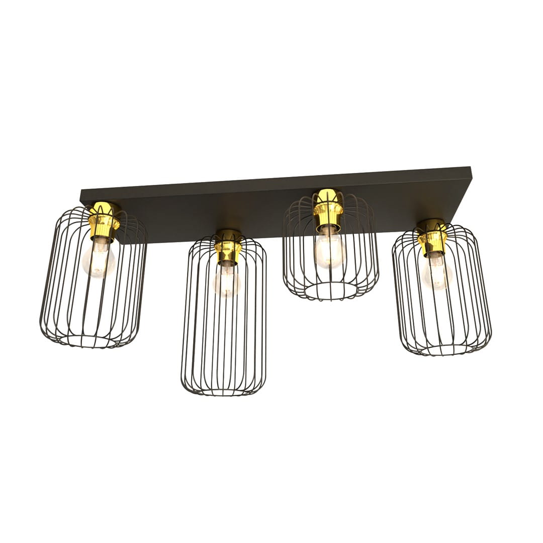 Lampa sufitowa Barn 4GL w kolorze czarnym i złotym, z czterema kloszami w metalowej siatce, zamontowana na prostokątnej podstawie. Klosze mają miejsce na żarówki E27, co nadaje industrialny charakter.