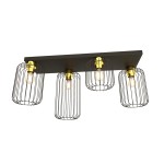 Lampa sufitowa Barn 4GL w kolorze czarnym i złotym, z czterema kloszami w metalowej siatce, zamontowana na prostokątnej podstawie. Klosze mają miejsce na żarówki E27, co nadaje industrialny charakter.