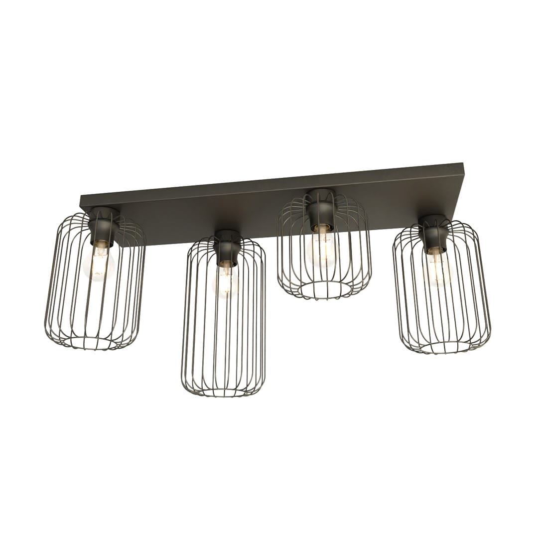 Czarna lampa sufitowa Barn 4BL z czterema oprawami E27, z metalowymi kloszami w formie siatki. Zamontowana na prostokątnej podstawie, prezentuje nowoczesny, industrialny styl. Klosze odsłaniają żarówki, tworząc efektowne oświetlenie.