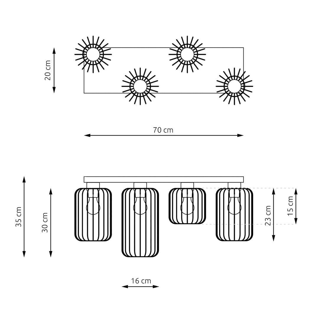 Czarna lampa sufitowa Barn 4BL z czterema oprawami E27. Konstrukcja w formie prostokątnej z metalowymi kloszami w kształcie cylindrów. Wymiary: długość 70 cm, wysokość 30-35 cm, szerokość 16 cm. Idealna do nowoczesnych wnętrz.