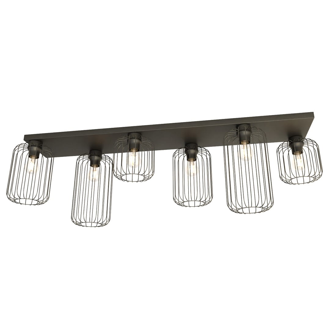 Czarna lampa sufitowa Barn 6BL z sześcioma oprawami E27, zamocowana na prostokątnej podstawie. Każda oprawa ma siatkową, cylindryczną osłonę, co nadaje nowoczesny wygląd. Ujęcie z przodu, ukazujące wszystkie detale konstrukcji.