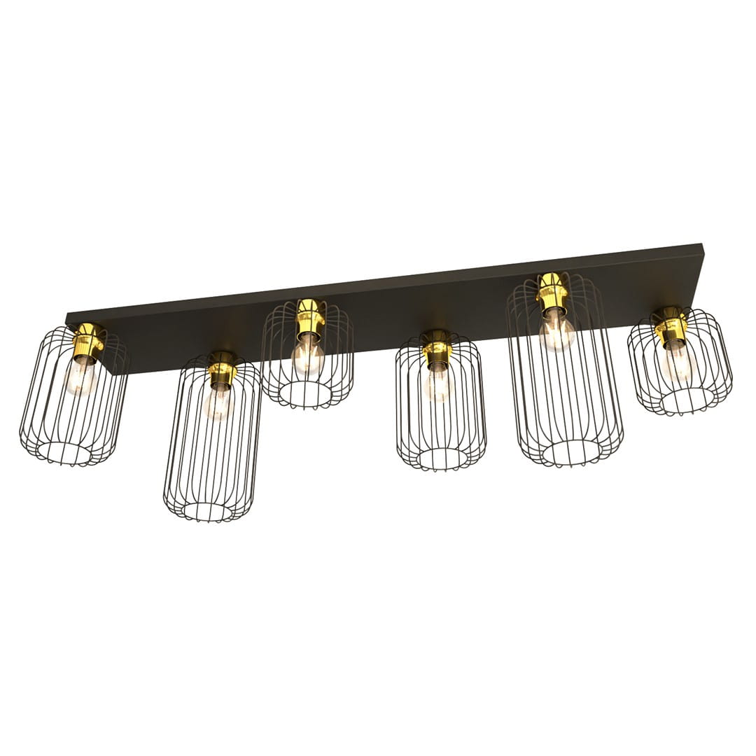 Lampa sufitowa Barn 6GL z sześcioma oprawami E27, z czarną metalową podstawą i złotymi mocowaniami. Klosze w formie siatki metalowej, zapewniające nowoczesny wygląd. Ujęcie frontalne, montowana na suficie.