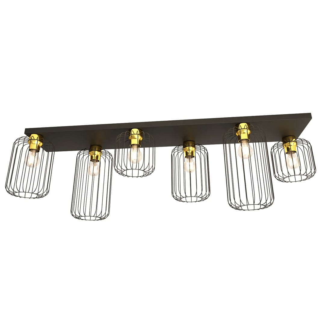 Lampa sufitowa Barn 6GL z sześcioma oprawami E27, utrzymana w kolorze czarno-złotym. Posiada metalowe klosze w formie siatki, zamocowane na prostokątnej podstawie w kolorze czarnym. Ujęcie frontalne, produkt wiszący.