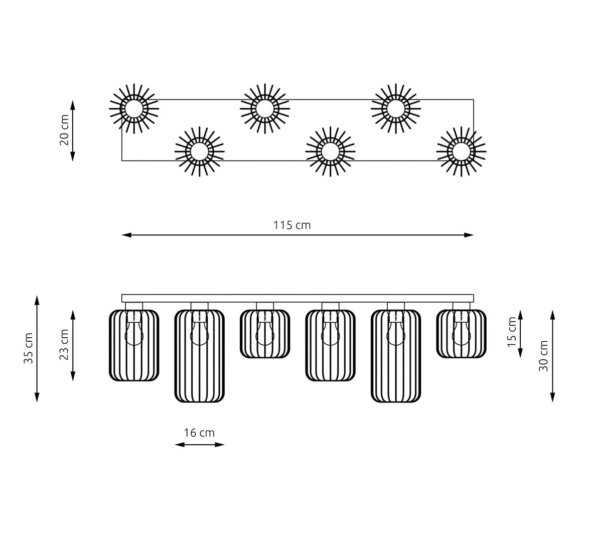 Lampa sufitowa Barn 6GL w kolorze czarno-złotym, z sześcioma oprawami E27. Wymiary: długość 115 cm, wysokość 20 cm, głębokość 16 cm. Stylowy design z metalowymi kloszami, zawieszona poziomo. Idealna do nowoczesnych wnętrz.