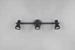 Cantar lampa sufitowa w kolorze czarnym z trzema ruchomymi spotami GU10, zamontowana na prostokątnej podstawie. Ujęcie frontalne pokazuje równomierne rozmieszczenie lamp, idealna do oświetlenia wnętrz.