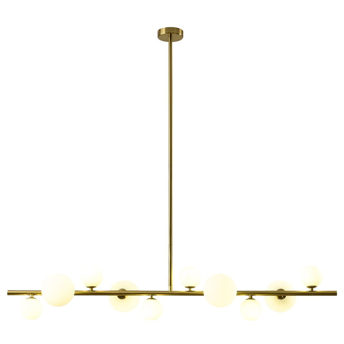 Lampa wisząca Milky Drop z 10 kulistymi źródłami światła G9 na złotej szczotkowanej konstrukcji. Produkt zawieszony na długim wysięgniku, zapewniający nowoczesny styl i oświetlenie w pomieszczeniu.