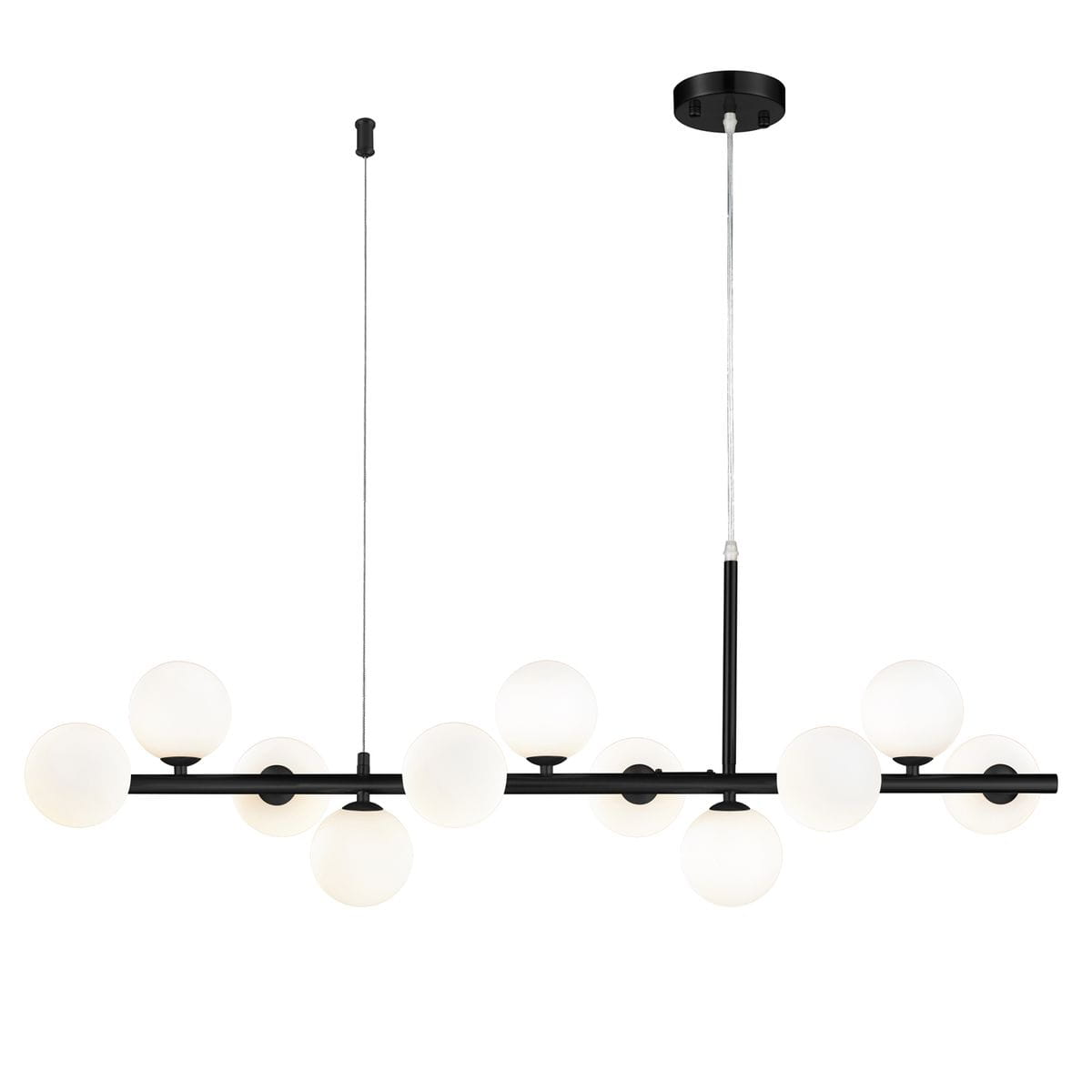 Lampa wisząca Mini Moon w kolorze czarnym, z 11 okrągłymi kloszami w białym kolorze. Kształt prostokątny z metalowym stelażem, zawieszona na cienkim przewodzie. Idealna do nowoczesnych wnętrz.